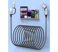 Quanlex Extra Long iPhone Charger Cable 5M, 60W Fast Charging Cable USB-C and Lightning 4-in-1 Cable 15FT Braided Charging Cord Multi Lightning/Type C/USB A for iPhone 16/15/14, iPad,Samsung,Android