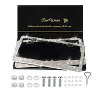 QUANQIUFEI 2 Pack Bling License Plate Frames for Women, Sparkly Rhinestone Diamond Car Accessories for Women, Handcrafted Stainless Steel Car License Plate Cover with Glitter Crystal Caps (White)