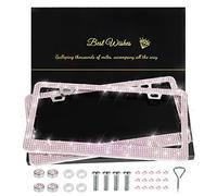 QUANQIUFEI 2 Pack Bling License Plate Frames for Women, Sparkly Rhinestone Diamond Car Accessories for Women, Handcrafted Stainless Steel Car License Plate Cover with Glitter Crystal Caps