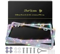 QUANQIUFEI 2 Pack Bling License Plate Frames for Women, Sparkly Rhinestone Diamond Car Accessories for Women, Handcrafted Stainless Steel Car License Plate Cover with Glitter Crystal Caps (Colorful)