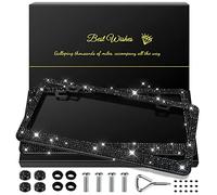 QUANQIUFEI 2 Pack Bling License Plate Frames for Women, Sparkly Rhinestone Diamond Car Accessories with Glitter Crystal Caps (Black)