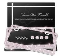 QUANQIUFEI 2 Pack Bling License Plate Frames, Sparkly Rhinestone Diamond Car License Plate Cover for Women, Stainless Steel Car Accessories with Glitter Crystal Caps (Light Rose)