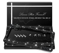 QUANQIUFEI 2 Pack Bling License Plate Frames, Sparkly Rhinestone Diamond Car License Plate Cover for Women, Stainless Steel Car Accessories with Glitter Crystal Caps (Black)