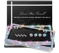 QUANQIUFEI 2 Pack Bling License Plate Frames, Sparkly Rhinestone Diamond Car License Plate Cover for Women, Stainless Steel Car Accessories with Glitter Crystal Caps (Colorful)