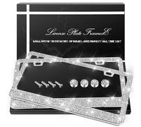 QUANQIUFEI 2 Pack Bling License Plate Frames, Sparkly Rhinestone Diamond Car License Plate Cover for Women, Stainless Steel Car Accessories with Glitter Crystal Caps (Silver)