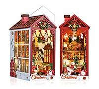 Quanquer DIY Christmas House Book Nook Kit - Miniature Dollhouse Kit - Bookshelf Insert Decor - 3D Wooden Puzzles with LED and Dust Cover - Creativity Gift for Adults Teens