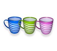 QUANTA Plastic Mug with Handle - Lightweight, Unbreakable, Reusable Camping Mugs for Elderly, Adults, Kids - Hot, Cold Drink Cups for Coffee, Tea, Water, Milk - Office, Travel, Caravan (3, Striped)