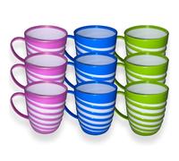 QUANTA Plastic Mug with Handle - Lightweight, Unbreakable, Reusable Camping Mugs for Elderly, Adults, Kids - Hot, Cold Drink Cups for Coffee, Tea, Water, Milk - Office, Travel, Caravan (9, Striped)