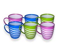 QUANTA Plastic Mug with Handle - Lightweight, Unbreakable, Reusable Camping Mugs for Elderly, Adults, Kids - Hot, Cold Drink Cups for Coffee, Tea, Water, Milk - Office, Travel, Caravan (6, Striped)