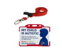 QUANTUM LEAP® My Child is Autistic ID Card Badge Hidden Disability Lanyard Red Holder Badge with Contact Details On the Rear