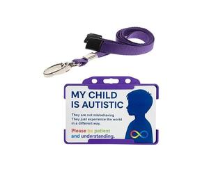 QUANTUM LEAP® My Child is Autistic ID Card Badge Hidden Disability Lanyard with Purple Holder and Contact Details on the Rear - Durable Plastic Credit Card Material with Safety Breakaway