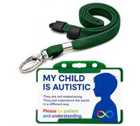 QUANTUM LEAP My Child is Autistic ID Card & Hidden Disability Lanyard Green | Waterproof Medical Alert Card | Emergency Contact ID Badge | Breakaway Safety Lanyard | PVC Card Holder