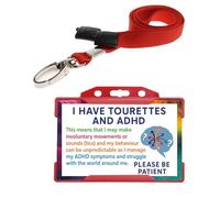 Quantum Leap® Tourettes & ADHD ID Card Badge Hidden Disability Lanyard Red Holder Badge with Contact Details On the Rear