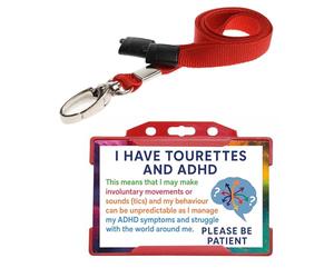 Quantum Leap® Tourettes & ADHD ID Card Badge Hidden Disability Lanyard Red Holder Badge with Contact Details On the Rear