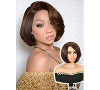 Quantum Love Highlight Bob Wig Layered Cut Mixed Brown Side Part Short Straight Glueless Bob Wigs for Women Realistic Hairline Synthetic Heat Resistant Fiber Hair