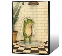 Quark Funny Showering Green Frog Posters Vintage Frog Bathroom Canvas Wall Art Picture Whimsical Animal Shower Print Japan Minimalist Aesthetic Wall Decor For Home Dorm Toilet 12x16in Unframed