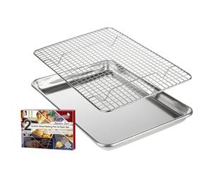 Quarter Baking Sheet & Cooling Rack - Small 1/4 Aluminum Pan With Stainless Steel Wire Rack Set - Cookie Sheets for Oven - Sheet Pan Tray - 24.4 x 33.02 CM