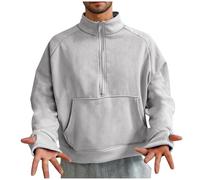 Quarter Zip Jumper Men, Mens Sweatshirts Solid Color Half Zip Jumpers Plain Fleece Lined Pullover with Thumb Hole and Pockets Long Sleeve Tops Lapel Collar Sweaters for Travelling, Walking Gray