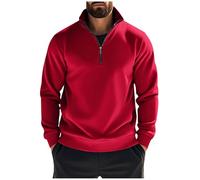 Quarter Zip Jumper Men, Mens Sweatshirts Solid Color Half Zip Jumpers Plain Work Tactical Pullover Fleece Lined Long Sleeve Tops Stand Collar Sweaters for Autumn Winter, Travelling, Walking Red