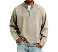 Quarter Zip Pullover for Men Vintage 1/4 Zipper Sweatshirts Mock Neck Sweaters Long Sleeve Acid Wash Streetwear Tops Suéteres De Hombre(Khaki, XXL)