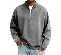 Quarter Zip Pullover Men 2026 Vintage Washed Distressed Denim Sweatshirt Casual Stand Collar Long Sleeve Polo Shirts Clothes Relaxed Fit Wash Streetwear Tops, A01-Grey, XL