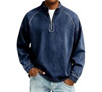 Quarter Zip Pullover Men 2026 Vintage Washed Distressed Denim Sweatshirt Casual Stand Collar Long Sleeve Polo Shirts Clothes 1/4 Zip Jumper Mens Faux Jean Shirt, A01-Navy, 4XL