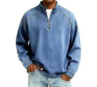 Quarter Zip Pullover Men 2026 Vintage Washed Distressed Denim Sweatshirt Casual Stand Collar Long Sleeve Polo Shirts Clothes Relaxed Fit Wash Streetwear Tops, A01-Blue, XL