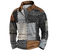 Quarter Zip Pullover Men Distressed Henley Shirts Patchwork Rugby Polo Sweatshirts Color Block Printed Golf T-Shirt Grey