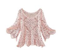 Quarter Zip Pullover Women Women's Short Crochet Cut Out Five Quarter Sleeve Top Skirt with Smock Sweatshirts for Teen Girls (Pink, M)