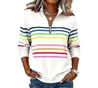 Quarter Zip Striped Sweatshirt Women Fashion Collar V Neck Rainbow Strip Pullover Casual Long Sleeve Tops for Fall & Spring Tops
