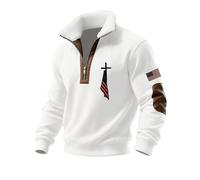 Quarter Zip Up Mens Sweatshirts Fleece Lined Sweatshirt Cross Printed Sweaters Stand Collar Men's Polo Shirts Christ Muscle Patch Sweater Sports Gym Tops (White, S)