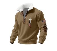 Quarter Zip Up Mens Sweatshirts Fleece Lined Sweatshirt Cross Printed Sweaters Stand Collar Men's Polo Shirts Christ Muscle Patch Sweater Sports Gym Tops (Khaki, XXXXL)