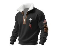 Quarter Zip Up Mens Sweatshirts Fleece Lined Sweatshirt Cross Printed Sweaters Stand Collar Men's Polo Shirts Christ Muscle Patch Sweater Sports Gym Tops (Black, L)
