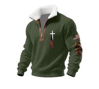 Quarter Zip Up Mens Sweatshirts Fleece Lined Sweatshirt Cross Printed Sweaters Stand Collar Men's Polo Shirts Christ Muscle Patch Sweater Sports Gym Tops (Green, S)
