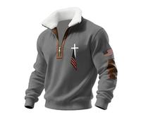 Quarter Zip Up Mens Sweatshirts Fleece Lined Sweatshirt Cross Printed Sweaters Stand Collar Men's Polo Shirts Christ Muscle Patch Sweater Sports Gym Tops (Grey, M)