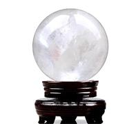Quartz Crystal Ball,White Calcite Sphere with Wooden Stand,Feng Shui for Lucky Wealth Protect The House,3.14"(8cm)