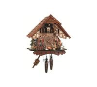Quartz Cuckoo Clock Black forest house, turning mill-wheel, moving seesaw