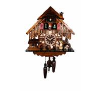 Quartz Cuckoo Clock Black Forest house with moving beer drinker and mill whee...