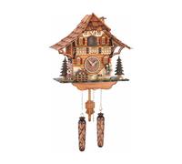Quartz Cuckoo Clock Black Forest house with moving mill wheel and clock peddl...