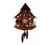 Engstler Quartz Cuckoo Clock Black Forest house with moving sawyer couple and mill wheel, with music EN 4927 QMT