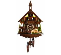 Quartz Cuckoo Clock Black Forest house with moving wood chopper and mill whee...