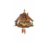 Quartz Cuckoo Clock Black Forest house with moving wood chopper and mill whee...