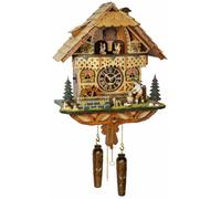 Quartz Cuckoo Clock Black Forest house with moving wood chopper and mill whee...