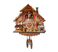 Quartz Cuckoo Clock Black Forest house with moving wood chopper and mill whee...