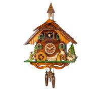 Quartz Cuckoo Clock Black Forest house with moving wood chopper and mill whee...