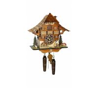 Quartz Cuckoo Clock Black Forest house with moving wood chopper and mill whee...