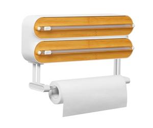 Quasziwa Magnetic Cling Film & Aluminium Tin Foil Dispenser with Cutter - 3-in-1 Kitchen Roll Holder, No-Drill Wall Mount, Space-Saving Organiser for Fridge or Cabinet - Fits Rolls up to 31cm, Natural