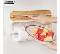 Quasziwa Magnetic Cling Film Dispenser and Cutter - Advanced 2-in-1 Wall-Mounted Kitchen Roll Holder, Refillable Cling Wrap & Aluminium Foil Dispenser with Paper Towel Holder, Fits 12" Roll, Natural