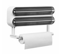 Quasziwa Magnetic Cling Film Dispenser and Cutter - Advanced 3-in-1 Wall-Mounted Kitchen Roll Holder, Refillable Plastic Wrap & Tin Foil Dispenser with Paper Towel Holder - Fits 12" Roll, Black