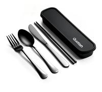 Quatish Travel Utensils with Case, Portable Silverware Set for Work, Stainless Steel Reusable Travel Cutlery Set, Fork and Spoon Set for Picnic, Camping, Gadgets, Lunch Box for Men, Black